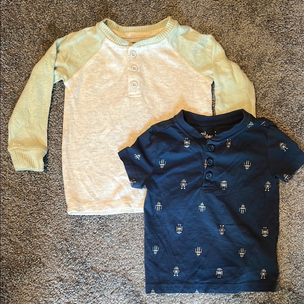 Rumi + Ryder Long Sleeve Cream and green and navy robot short sleeve Shirt